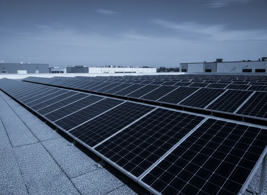 Solaranlage auf dem Dach einer Gewerbehalle (mit KI erstellt)
